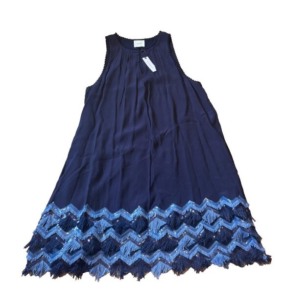 $168 Anthropologie Maeve Festivity Swing Dress BLUE Size 12 Fringe Sequins NWT - Picture 2 of 6